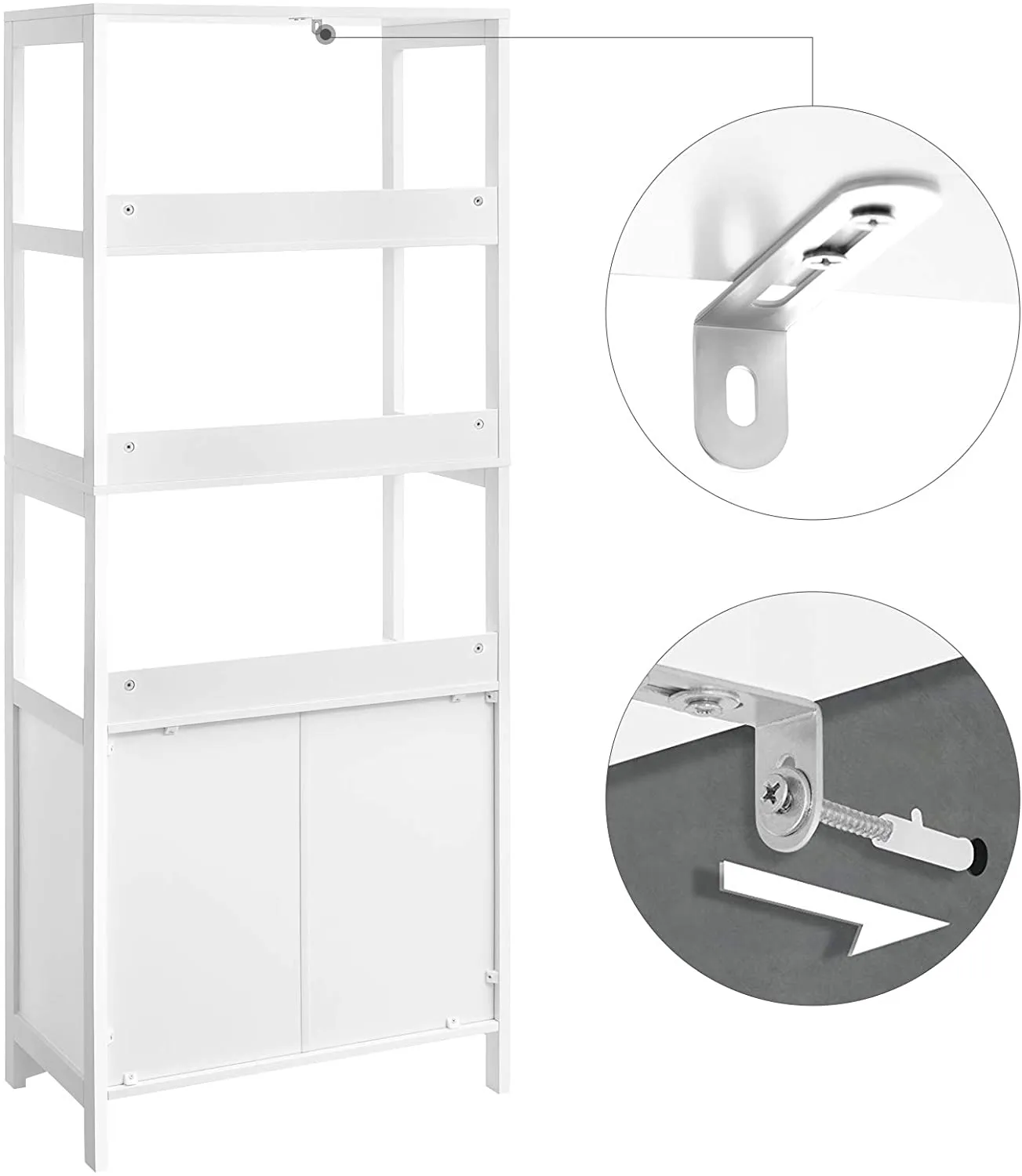 Hoge Kast, Badkamerkast, Vrijstaande Boekenkast, 3 Open Vakken, 1 Lade En 2 Kastdeuren Wit