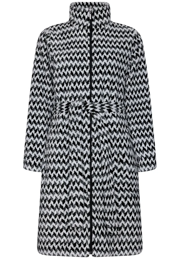 Pastunette Premium jacquard fleece warme ochtendjas met rits 'monochrome zigzags'