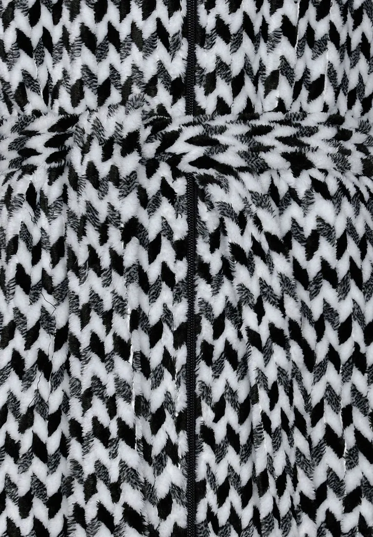 Pastunette Premium jacquard fleece warme ochtendjas met rits 'monochrome zigzags'
