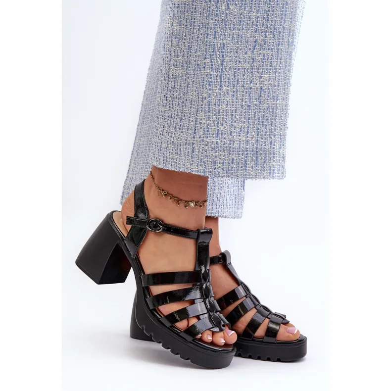 Vinceza Dames lakleren sandalen met hoge hak, Black Aninifer zwart