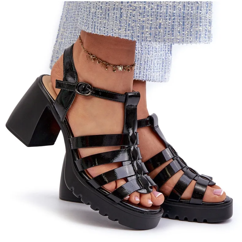 Vinceza Dames lakleren sandalen met hoge hak, Black Aninifer zwart
